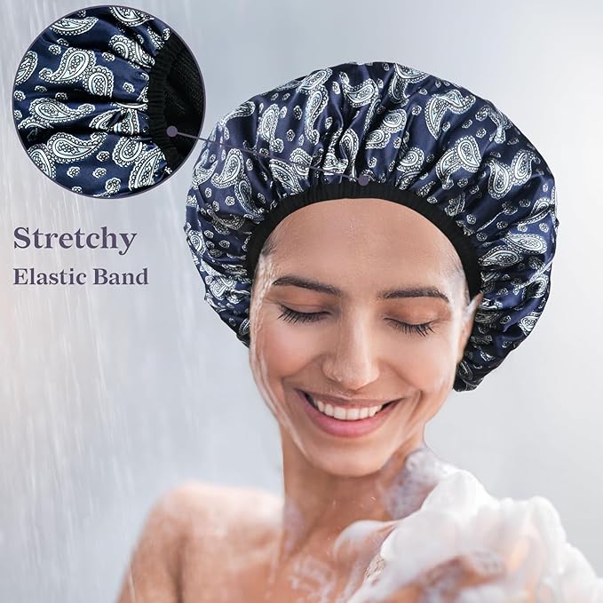 Bandana Satin Shower Cap, Three-Layer Terry Cloth Lined, - Image 6
