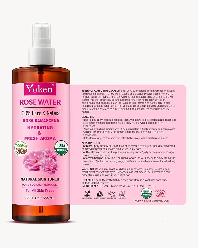 Yoken Organic Rose Water Spray for Face, 12 Fl Oz Fine Mist, Rosewater Face Mist - Image 7