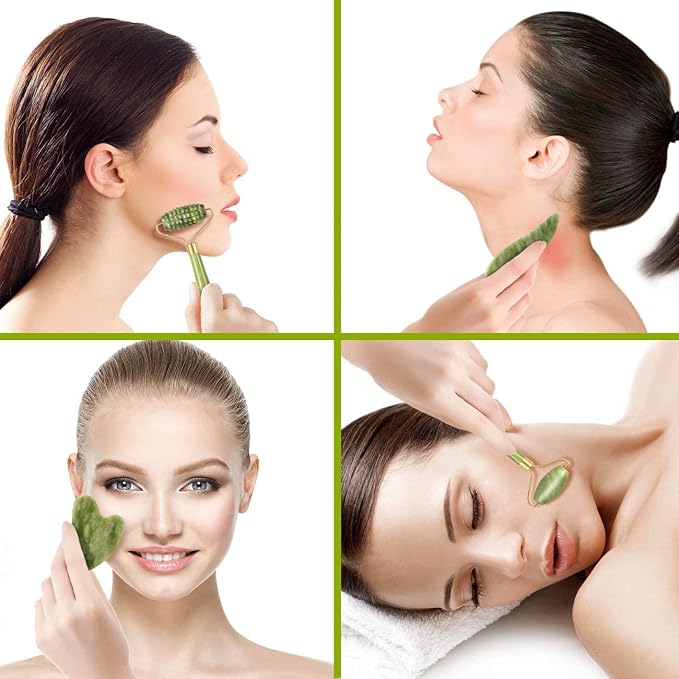 4-pcs Jade Roller & Gua Sha Set, Facial Roller Massager - Image 4