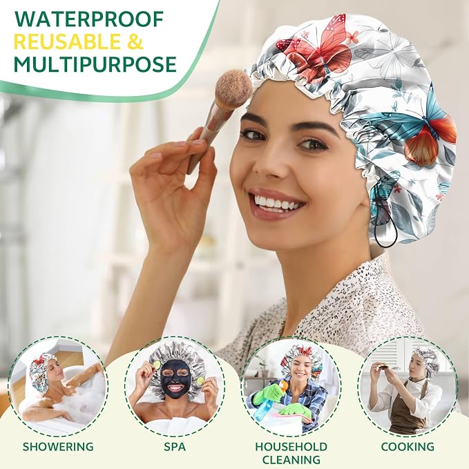 2 PCS Shower Cap Waterproof Double Layer Elastic Adjustable Reusable Hair Bath - Image 6
