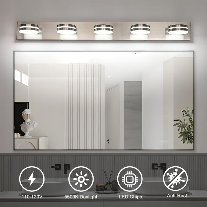 Brushed Nickel Bathroom Light Fixtures Over Mirror, 5-Light Bathroom Vanity - Image 6