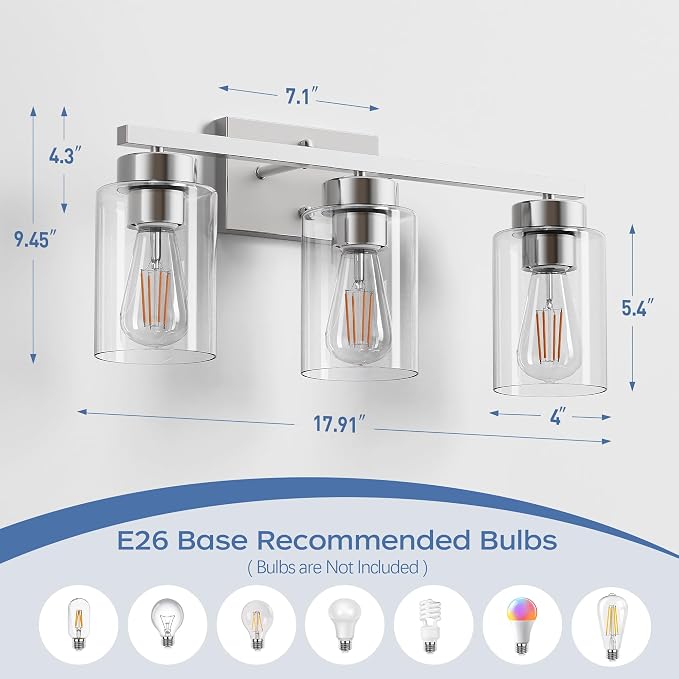 PARTPHONER 3-Light Bathroom Light Fixtures, Brushed Nickel Vanity Light - Image 3