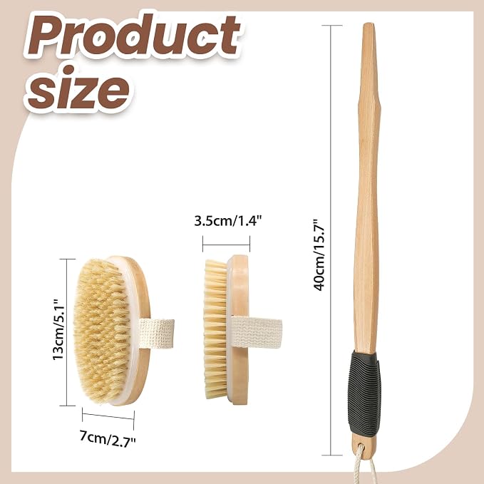 Wood Body Brush Set, 19.3’’ Long Handle Bath Body Back Scrubber Soft & Stiff - Image 3