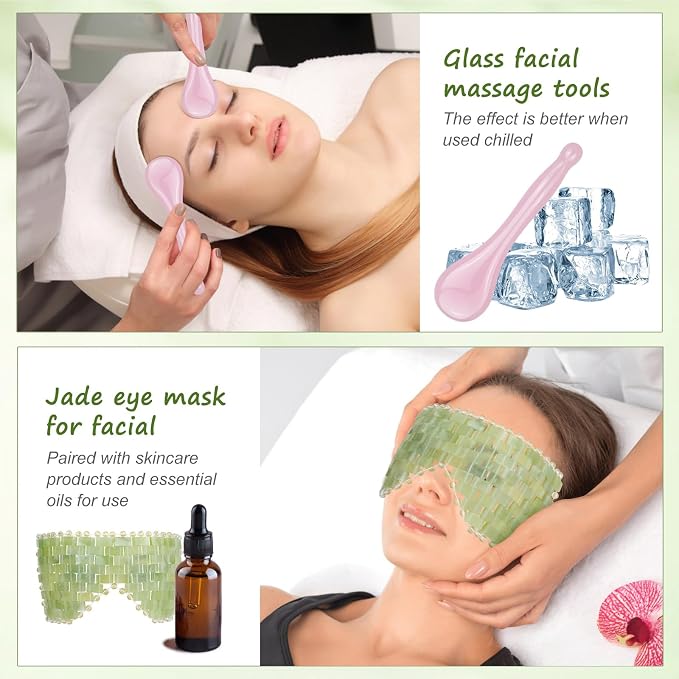 4 Pcs Jade Eye Mask & Skin-Safe Glass Facial Massage Tool, Jade Cooling Mask & - Image 3