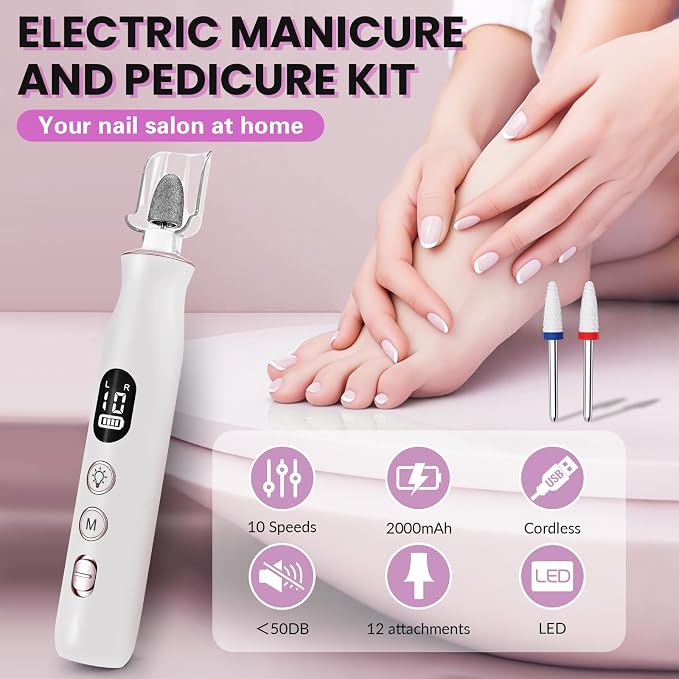 Electric Nail Drill, Cordless 2000 mAh Rechargeable Portable Nail File 12 in 1 - Image 2