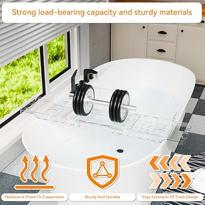 Yieach Luxury Clear Bathtub Shelf Across Tub, Expandable Plastic Bathtub Tray - Image 6