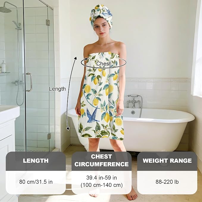 Absorbent Bath Towel Wrap Set for Women, Hummingbird Lemon Print Towel Wrap - Image 3
