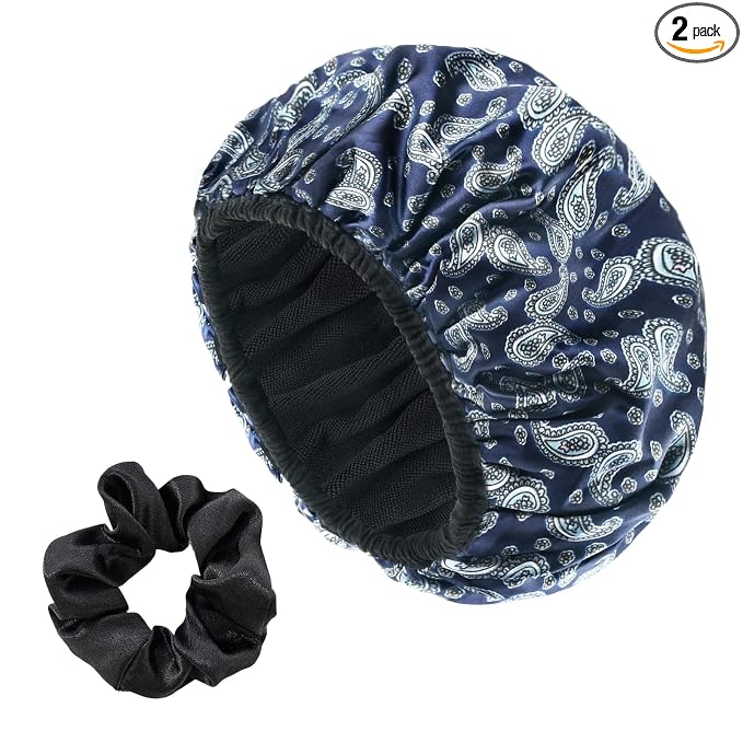 Bandana Satin Shower Cap, Three-Layer Terry Cloth Lined, by Yonchic