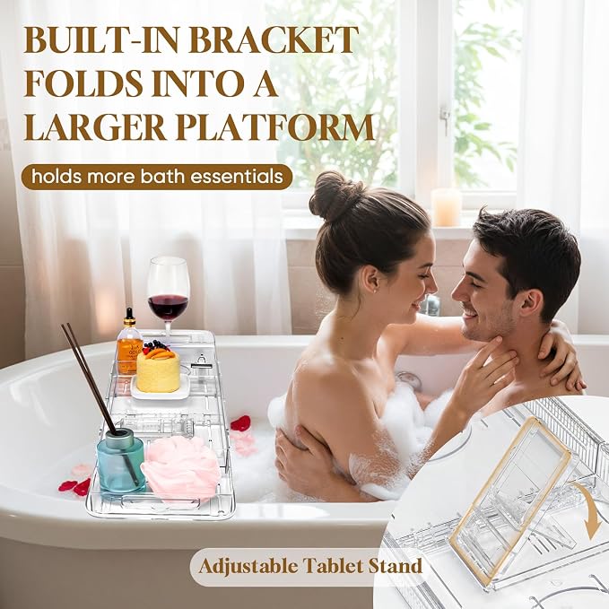 Expandable Clear Acrylic Bathtub Tray Caddy, Foldable Tub Bath Tray - Image 6