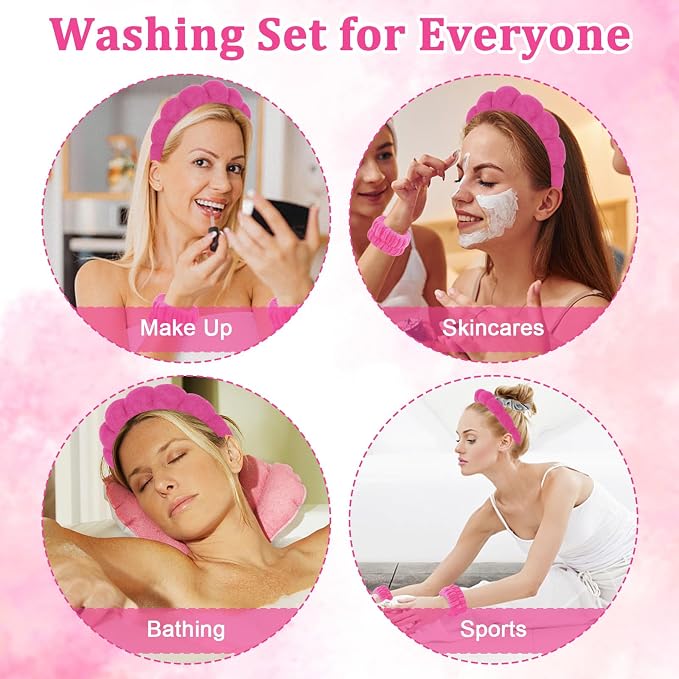 7Pcs Puffy Spa Set: Terry Cloth Headband, Wristbands, Scrunchies, Powder Puffs - Image 3