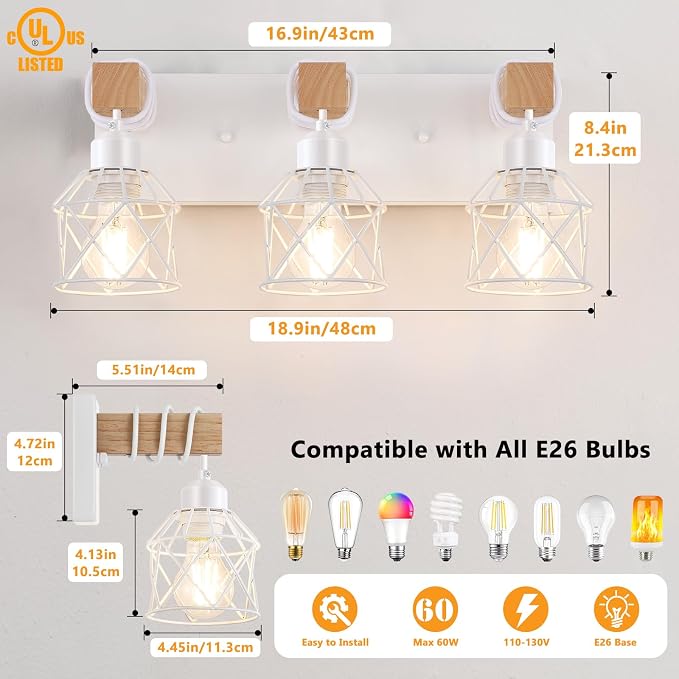 FadimiKoo 3-Light Farmhouse White Bathroom Vanity Light Fixtures, Rustic Wood - Image 2