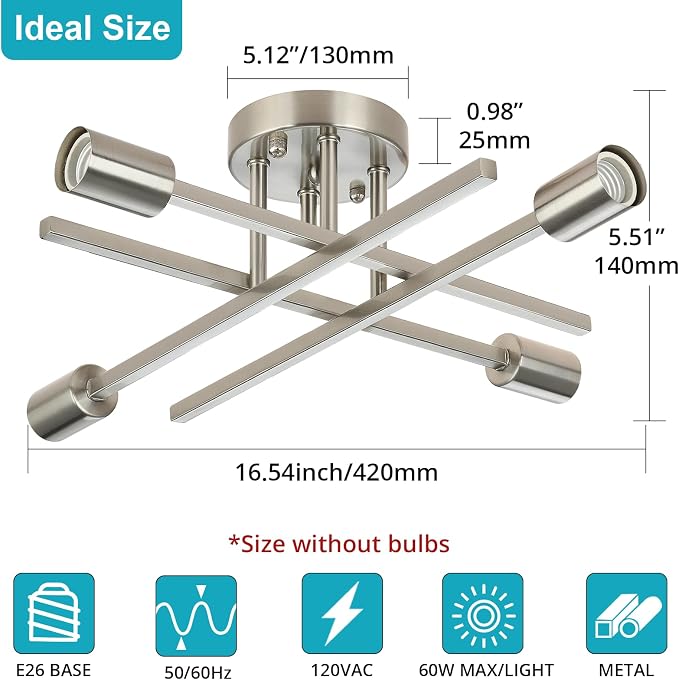 SunRider Industrial 4-Light Semi Flush Mount Ceiling Light Fixture, Brushed - Image 2
