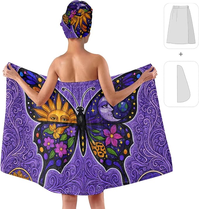 Women's Boho Butterfly Towel Wrap and Hair Drying Cap Set – Celestial Moon Sun - Image 2