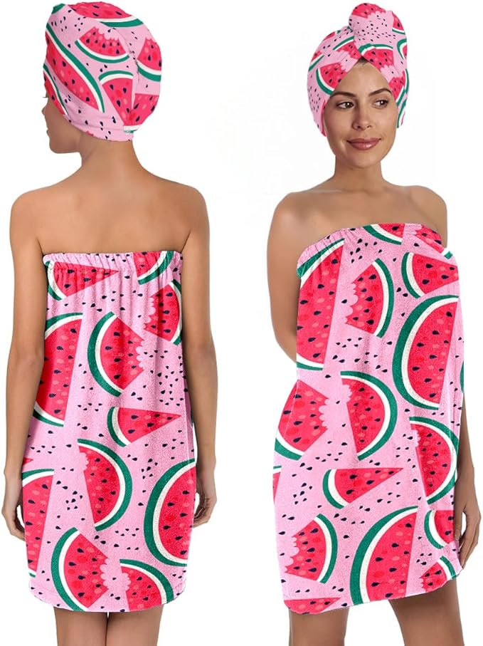 Watermelon Print Bath Wrap and Hair Drying Towel Set – Microfiber Quick Dry by QIULIBMH