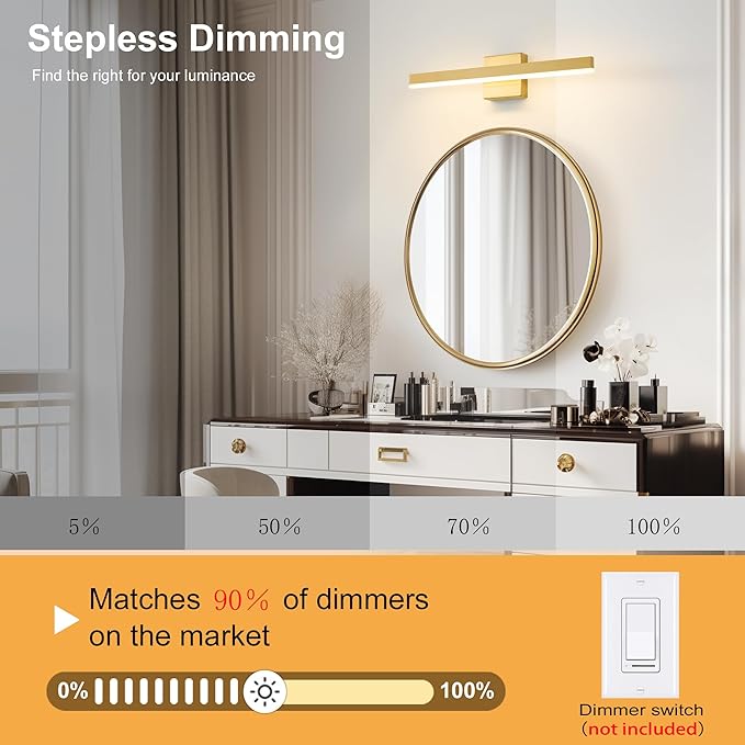 Gold Bathroom Vanity Light 23.6 inch, 20W Dimmable 5CCT LED Modern Bathroom - Image 4