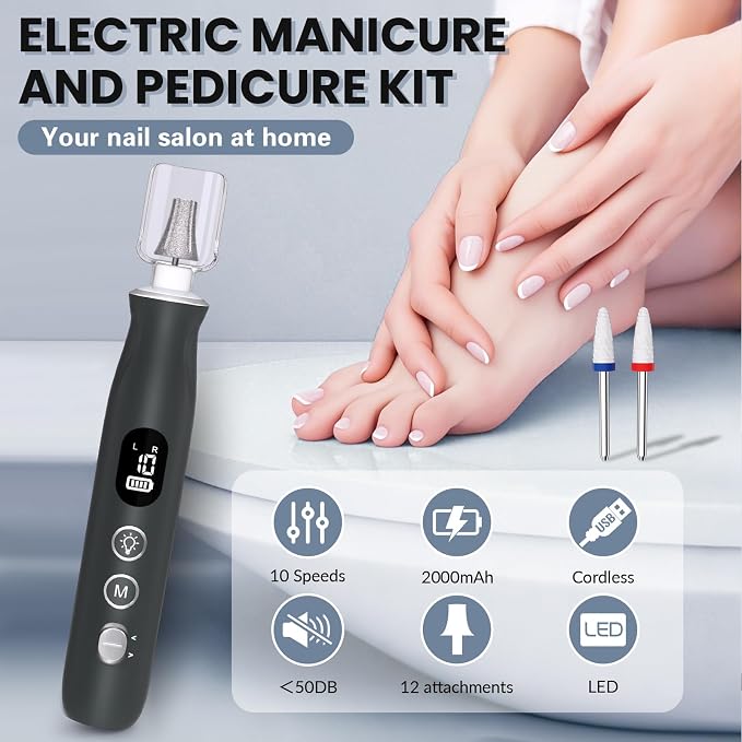 Electric Nail Drill, Cordless 2000 mAh Rechargeable Portable Nail File 12 in 1 - Image 2
