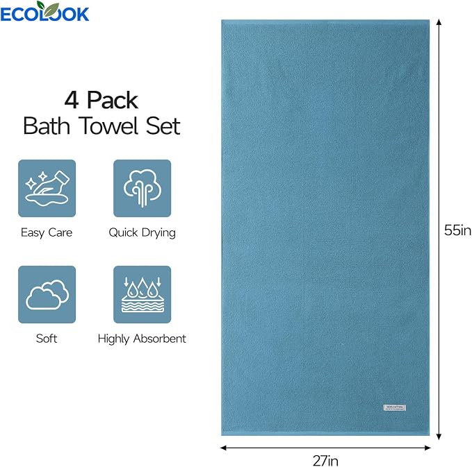 ecolook Bath Towels Set of 4, 100% Cotton, 27 x 55 Inches, Quick-Drying & - Image 3