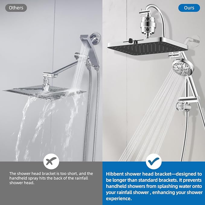 Hibbent 5-spray Dual Filtered Rainfall Shower Head Combo, High Pressure 13'' - Image 7