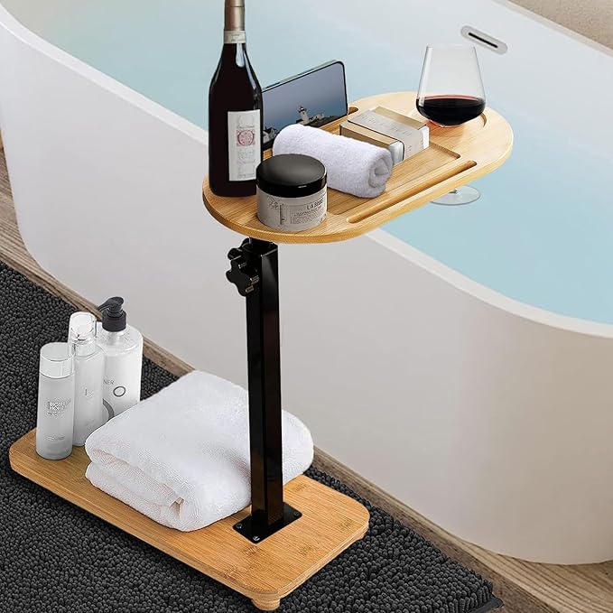 Bamboo Bathtub Tray Table with Adjustable Height, Enhanced Stability, by XinTianZhiGuang