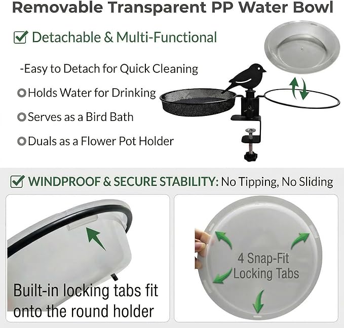 Deck Bird Feeder & Bird Bath for Balcony Railing, No-Drill Clamp Fits up to - Image 6
