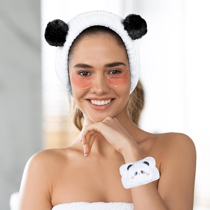 Pom Pom Panda Ears Plush Wash Face Headband Spa Wrist Band Cuffs Hair Scrunchy - Image 4