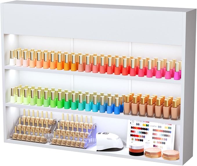 OmySalon Wall Mounted Display Rack, 47.6-Inch 3-Tier LED Nail Polish Organizer by OmySalon