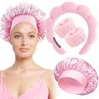Pink Headband Hair Bonnet For Sleeping Shower Cap For Women Reusable Waterproof - Image 6