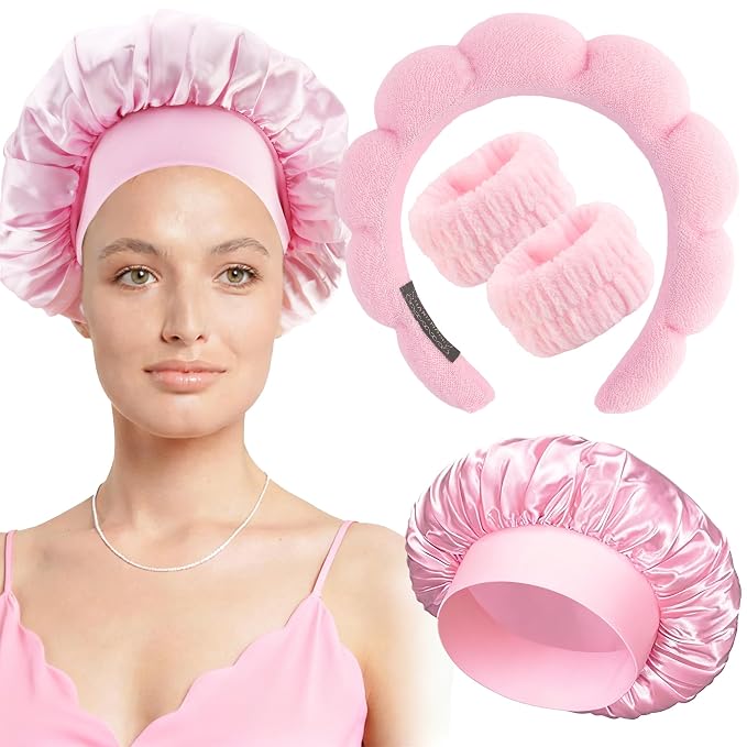 Pink Headband Hair Bonnet For Sleeping Shower Cap For Women Reusable Waterproof - Image 6