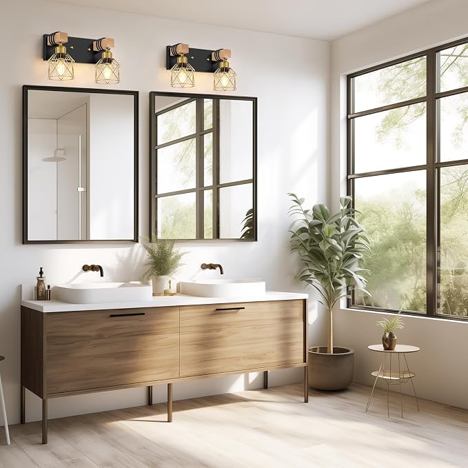FadimiKoo Rustic Style Wood Bathroom Wall Sconces, 2-Light Black Gold Bathroom - Image 7