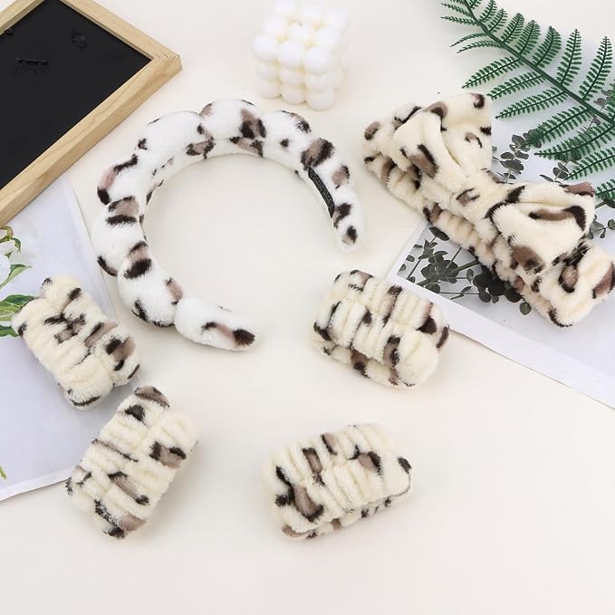 Beige Leopard Spa Headband and Wristband Set, Soft Elastic Face Washing - Image 8