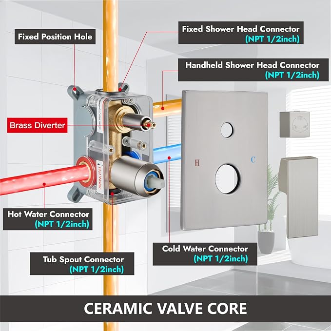 Midanya Shower System with Tub Spout, Bathtub Shower Faucet Set with Square - Image 7