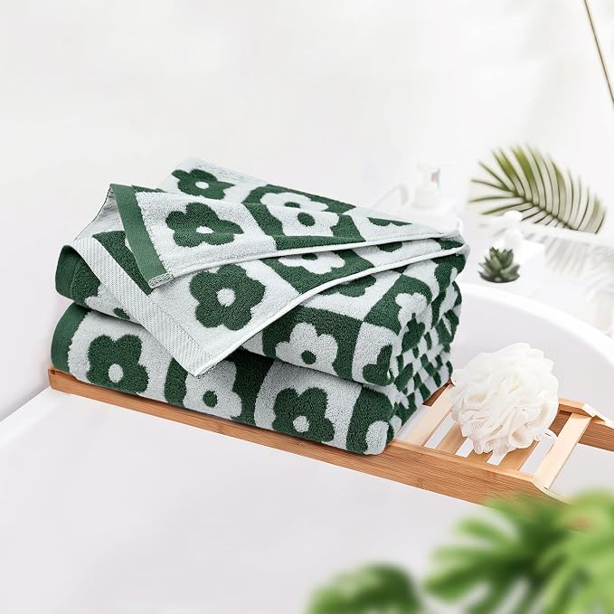 Jacquotha 2-Pieces Luxury Bath Towels Checkered Floral, Cute Bathroom Decor - Image 2