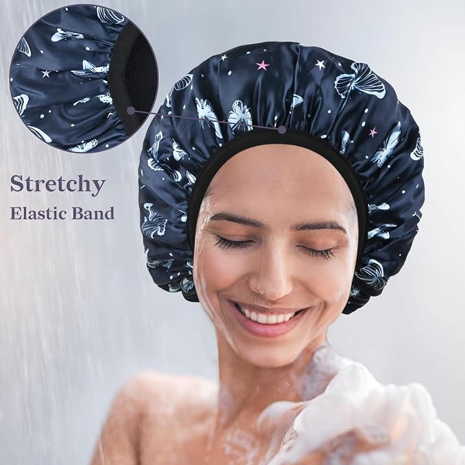 Blue Butterfly Print Satin Shower Cap, Three-Layer Terry Cloth Lined, - Image 6