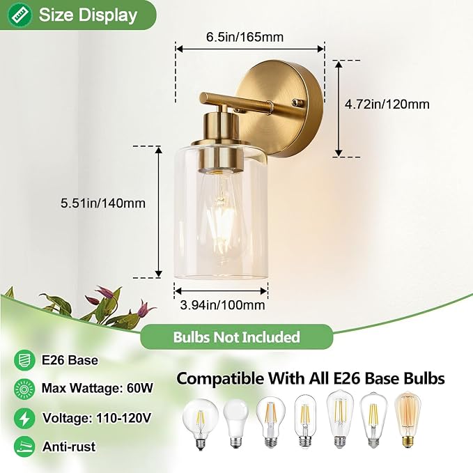 Zarbitta Set of 2 Wall Sconces for Bathroom, Brushed Gold Modern Vanity Lights - Image 8