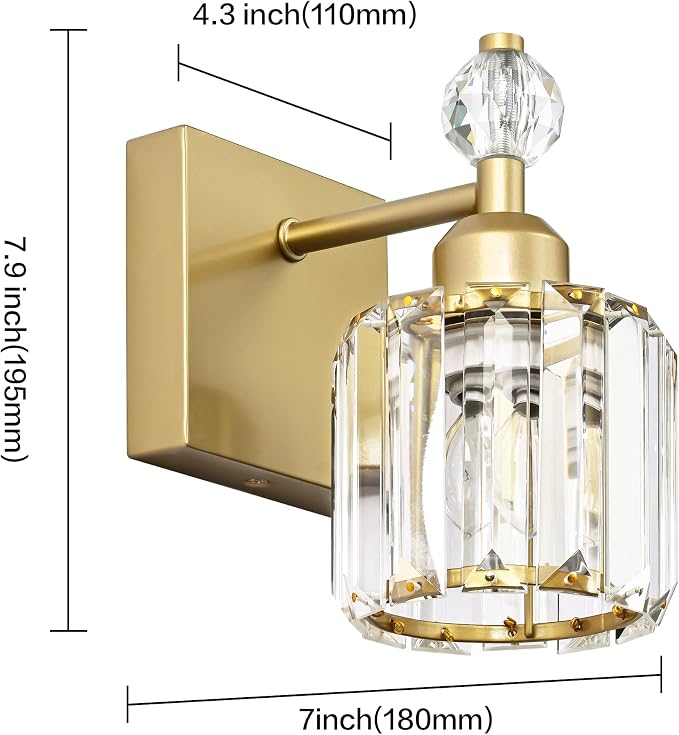 PRESDE Single Crystal Wall Sconce, Modern Gold Vanity Light Fixture, 1-Light - Image 5