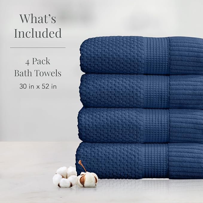 NY Loft 100% Cotton 4 Pack Bath Towel Set| Navy Bath Towels | Super Soft & - Image 2