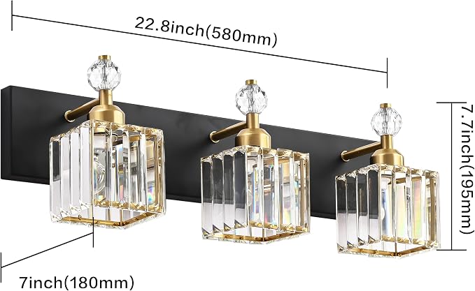 PRESDE 3-Light Crystal Bathroom Vanity Lights Black and Gold Bathroom Lights - Image 4