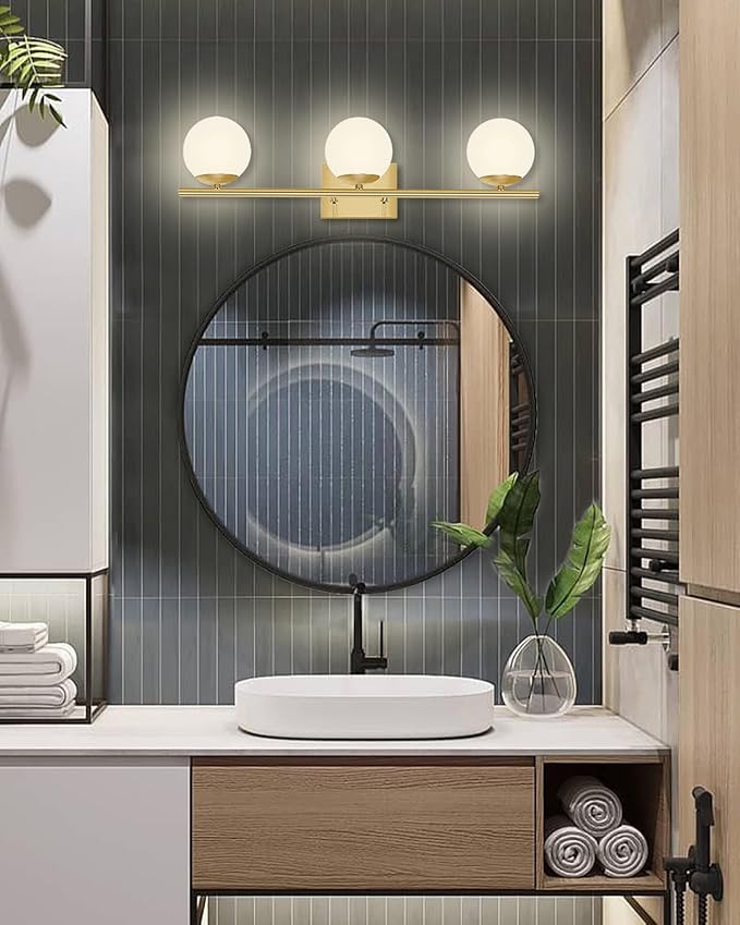 Brushed Brass Bathroom Vanity Light fixtures, 24‘’ 3 Lights Modern Globe Glass - Image 5