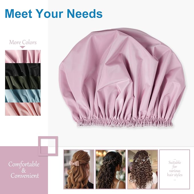Shower Cap for Women, Double Layer Waterproof Bath Cap, Reusable Hair Protector - Image 7