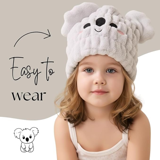Microfiber Hair Towel Wrap for Kids, Koala Dry Hair Cap Suck Water, Absorbent - Image 2
