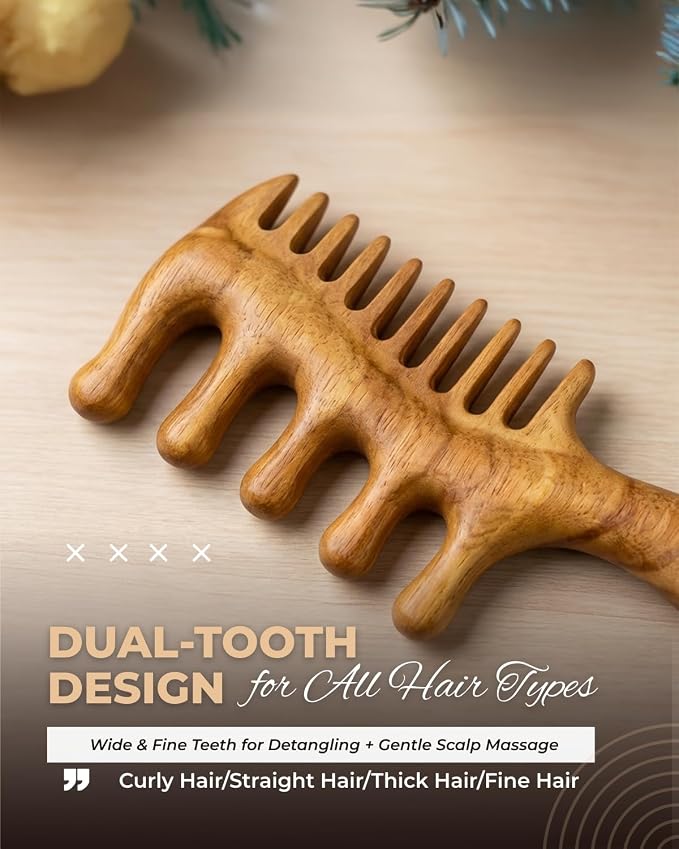 Wooden Scalp Massager Comb – Natural Wood Wide & Fine Tooth Hair Comb - Image 2