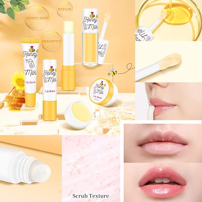 4 Piece Honey Milk Lip Mask Lip Balm Lip Scrub Lip Oil Lip Care Kit, - Image 7