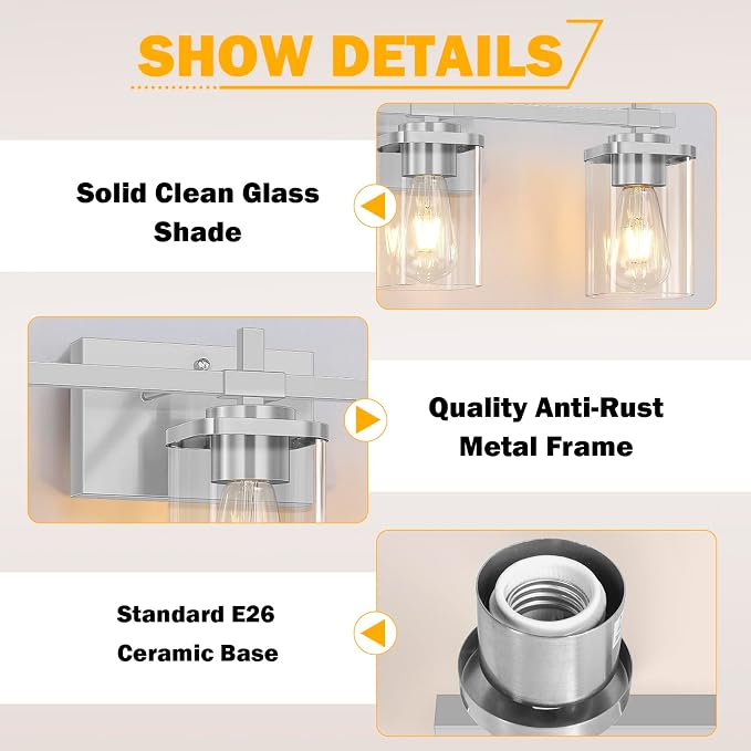 Brushed Nickel Bathroom Light Fixtures, 3-Lights Bathroom Vanity Light - Image 4