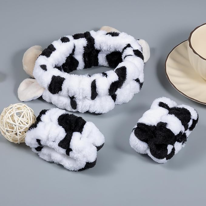 Plush Wash Face Headband Cow Print Spa Wrist Band Cuffs Hair Scrunchy Women - Image 2