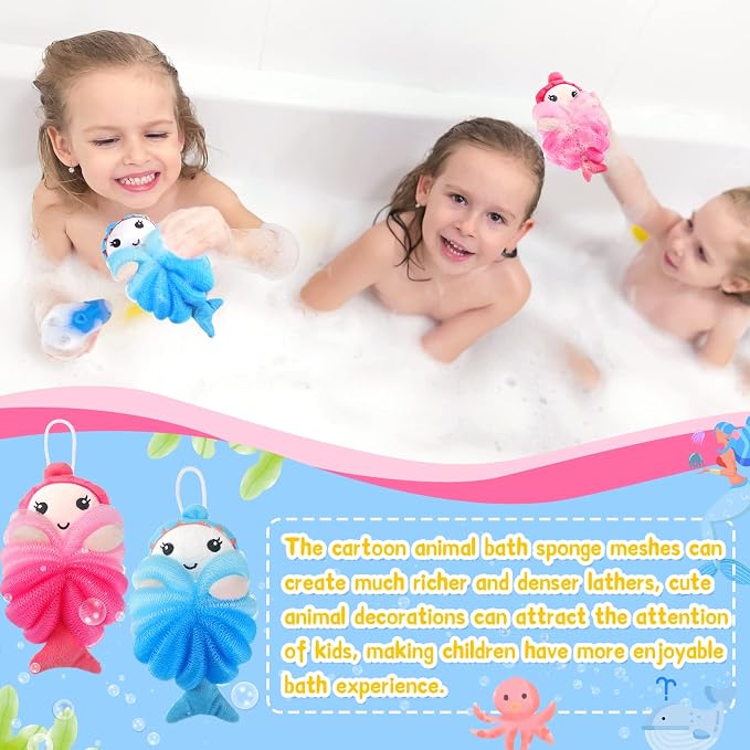 Nuenen 2 Pcs Bath Loofahs Kids Toddler Cute Cartoon Bath Sponges Loofah Pouf - Image 6