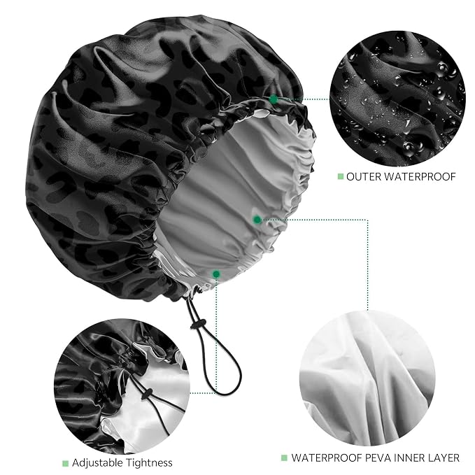 2 PCS Shower Cap Waterproof Double Layer Elastic Adjustable Reusable Hair Bath - Image 3
