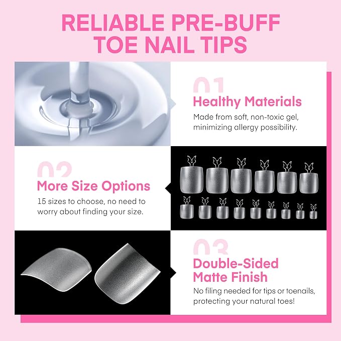 UNA GELLA Square Toe Nail Tips 216Pcs 15Sizes Full Cover Long Wider Toe Nail - Image 4