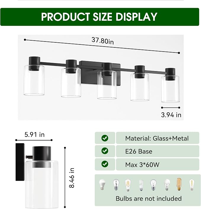 5-Light Modern Vanity Light Fixtures Over Mirror, Matte Black Bathroom Light - Image 2
