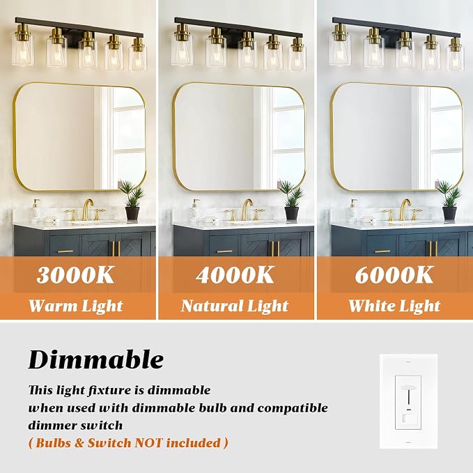 5-Light Black and Gold Bathroom Vanity Light, Bathroom Light Fixtures, Wall - Image 7