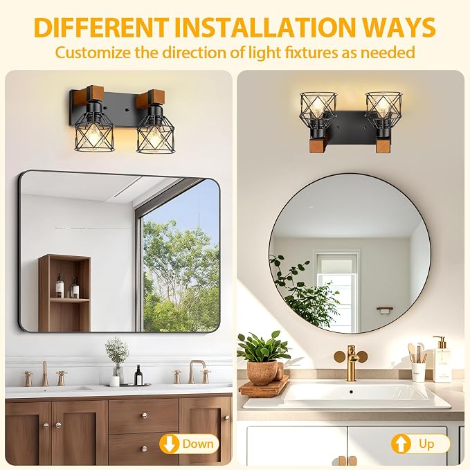 2-Light Farmhouse Bathroom Light Fixtures Over Mirror, Rustic Wood Vanity Lights - Image 5